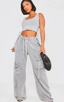 Shape Light Grey Washed Lace Up Toggle Scoop Neck Crop Top