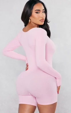 Shape Light Pink Snatched Ribbed Long Sleeve Unitard
