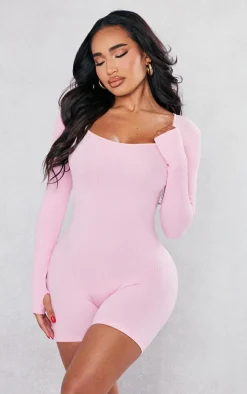 Shape Light Pink Snatched Ribbed Long Sleeve Unitard