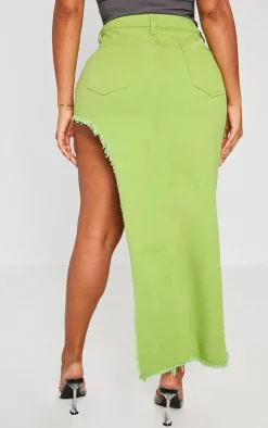 Shape Lime Green Denim Asymmetric Frayed Hem Midaxi Skirt