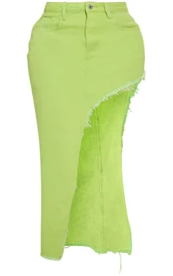 Shape Lime Green Denim Asymmetric Frayed Hem Midaxi Skirt