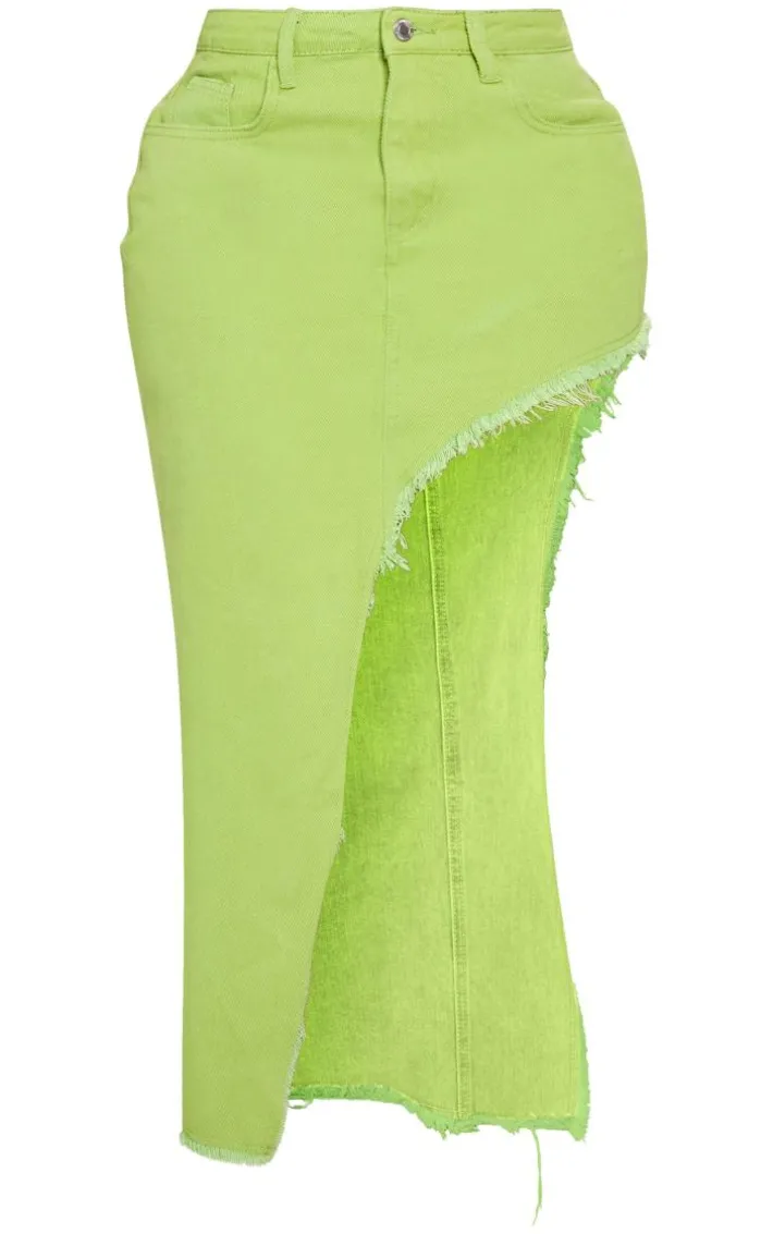 Shape Lime Green Denim Asymmetric Frayed Hem Midaxi Skirt