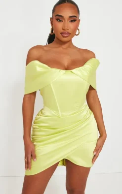 Shape Lime Ruched Corset Detail Bardot Bodycon Dress
