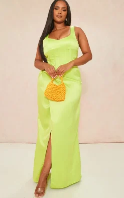 Shape Lime Structured Satin Split Detail Maxi Dress