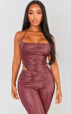 Shape Maroon Matte Faux Leather Snake Halterneck Top