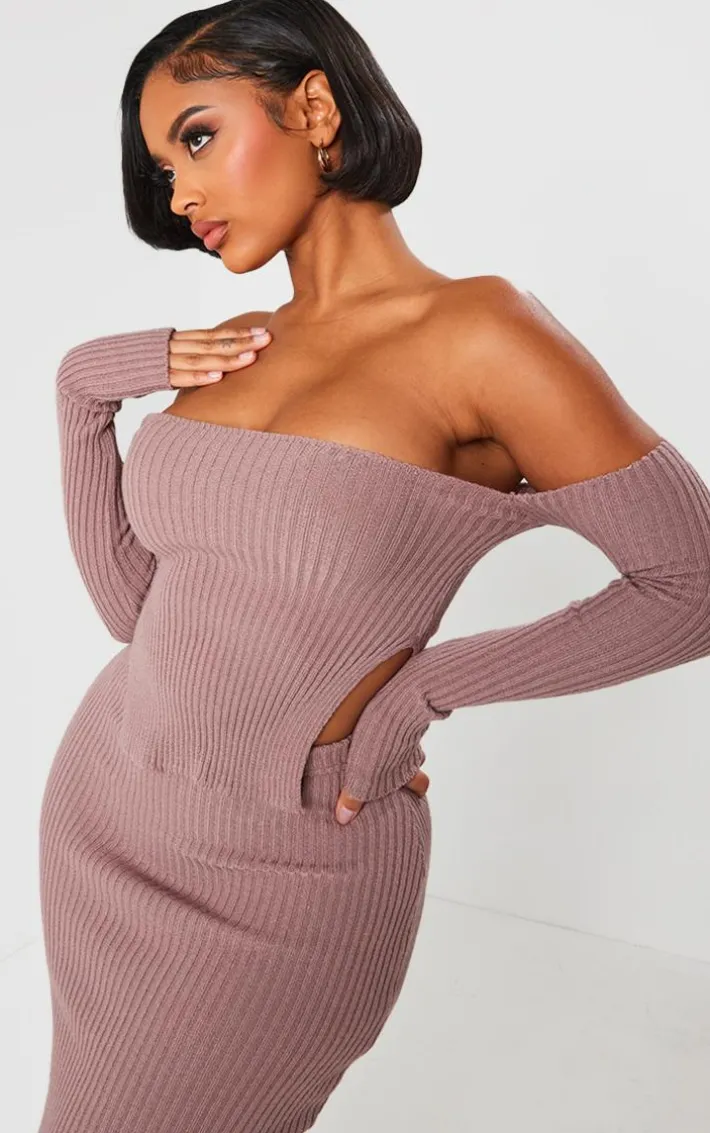 Shape Mauve Knit Bardot Split Side Detail Top