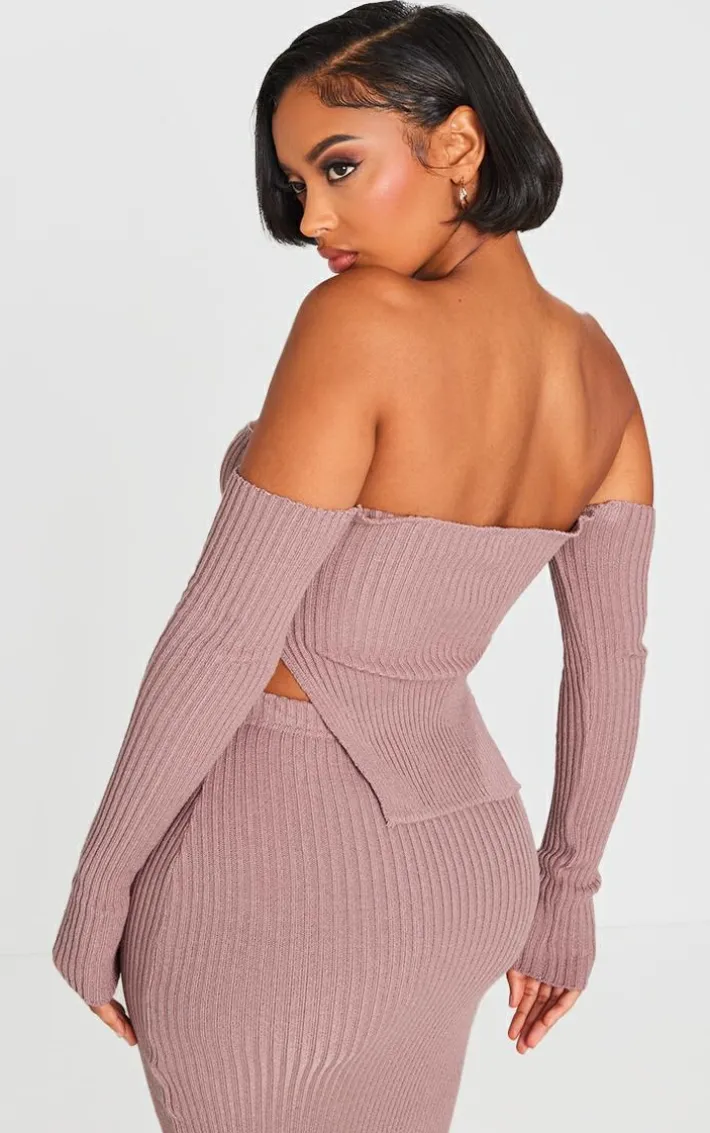 Shape Mauve Knit Bardot Split Side Detail Top