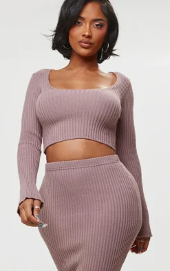 Shape Mauve Knit Ribbed Long Sleeve Scoop Crop Top