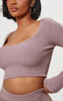 Shape Mauve Knit Ribbed Long Sleeve Scoop Crop Top