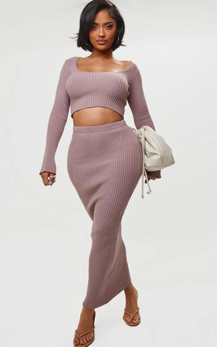 Shape Mauve Knit Ribbed Low Rise Maxi Skirt