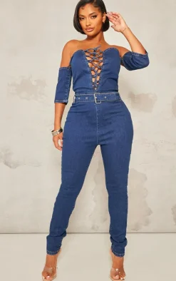 Shape Mid Blue Wash Lace Up Bardot Stretch Denim Jumpsuit