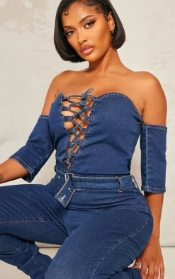 Shape Mid Blue Wash Lace Up Bardot Stretch Denim Jumpsuit