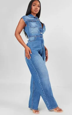 Shape Mid Blue Wash Sleeveless Rigid Denim Jumpsuit