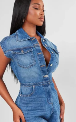 Shape Mid Blue Wash Sleeveless Rigid Denim Jumpsuit