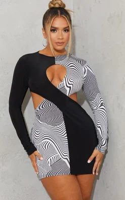 Shape Monochrome Swirl Print Wrap Detail Panel Bodycon Dress