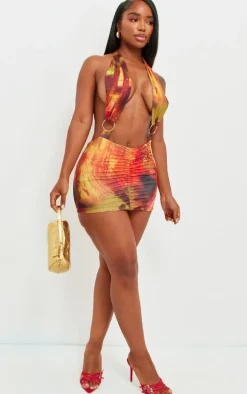 Shape Multi Abstact Printed Slinky Halterneck Ring Detail Bodycon Dress