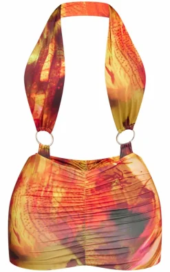 Shape Multi Abstact Printed Slinky Halterneck Ring Detail Bodycon Dress