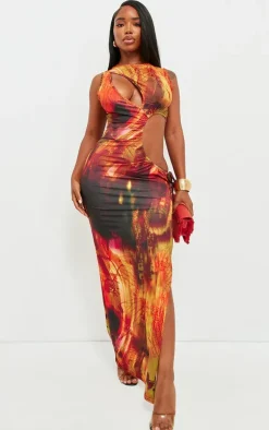 Shape Multi Abstract Printed Slinky Cut Out Split Maxi Dress