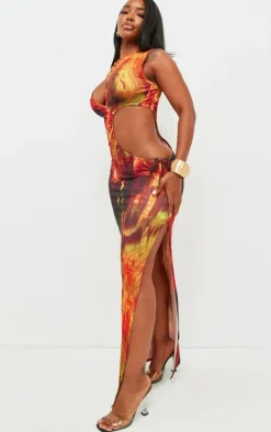 Shape Multi Abstract Printed Slinky Cut Out Split Maxi Dress