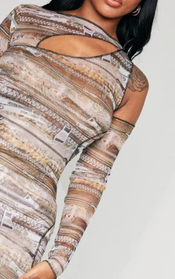 Shape Multi Printed Mesh Asymmetric Multi Cut Out Long Sleeved Dress