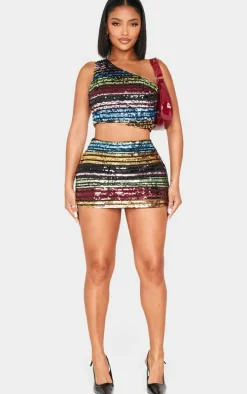 Shape Multi Stripe Sequin Low Rise Mini Skirt