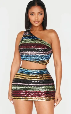Shape Multi Stripe Sequin Low Rise Mini Skirt