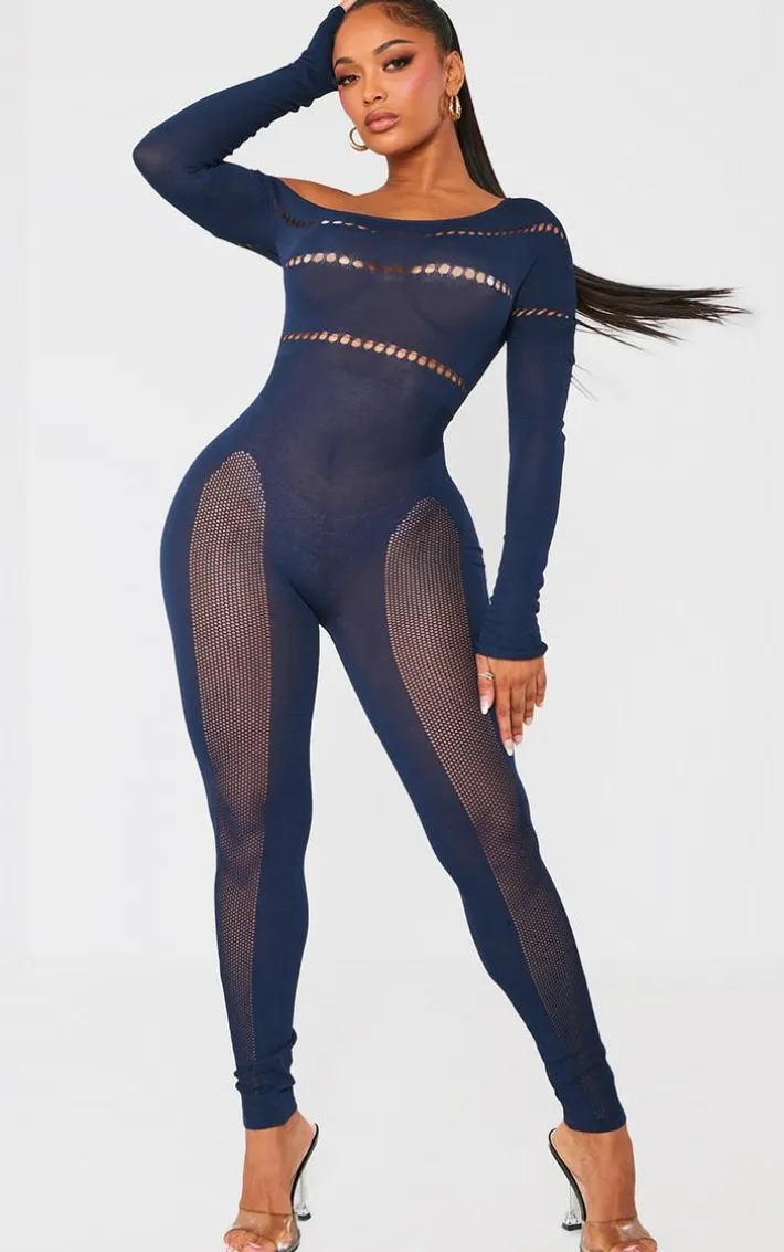 Shape Navy Bardot Knitted Hole Detailed Jumpsuit