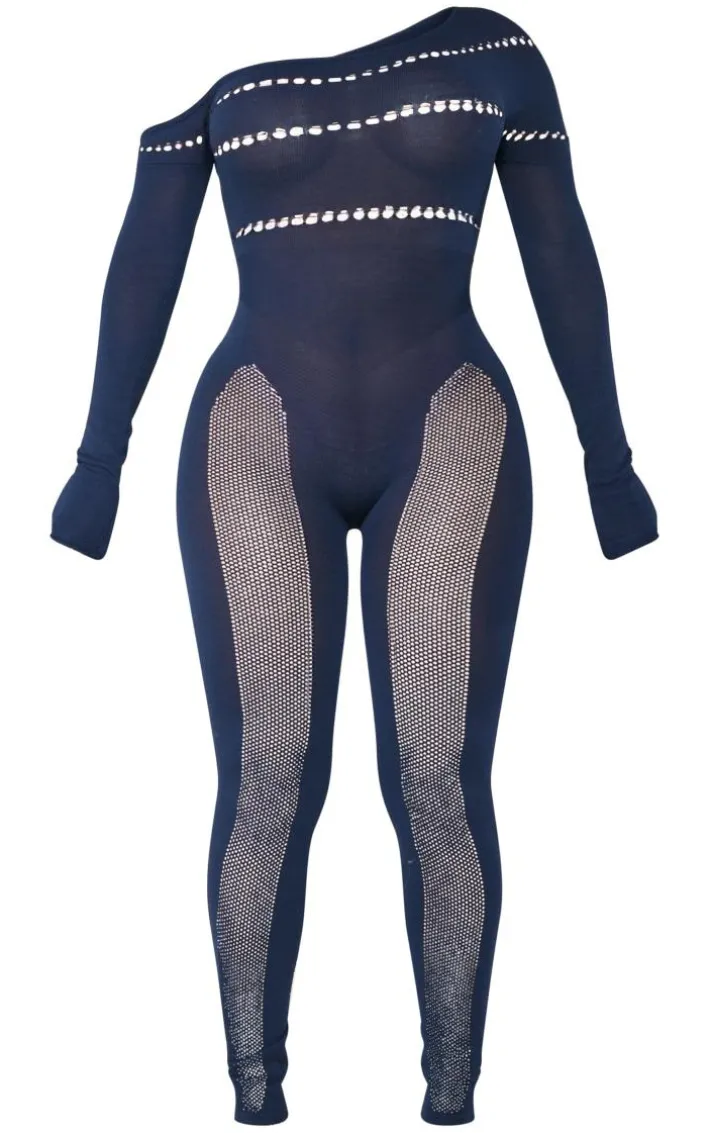 Shape Navy Bardot Knitted Hole Detailed Jumpsuit