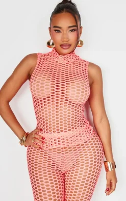 Shape Neon Pink Sheer Fish Net High Neck Top