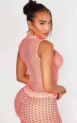 Shape Neon Pink Sheer Fish Net High Neck Top