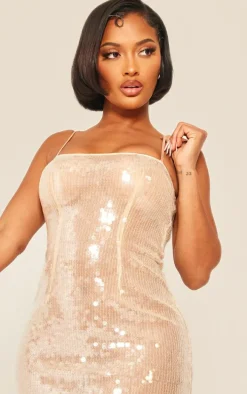 Shape Nude Sequin Sheer Strappy Maxi Dress