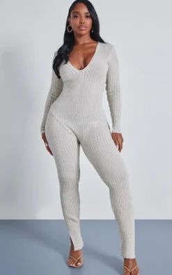 Shape Oatmeal Contrast Rib Knit Long Sleeve Plunge Jumpsuit