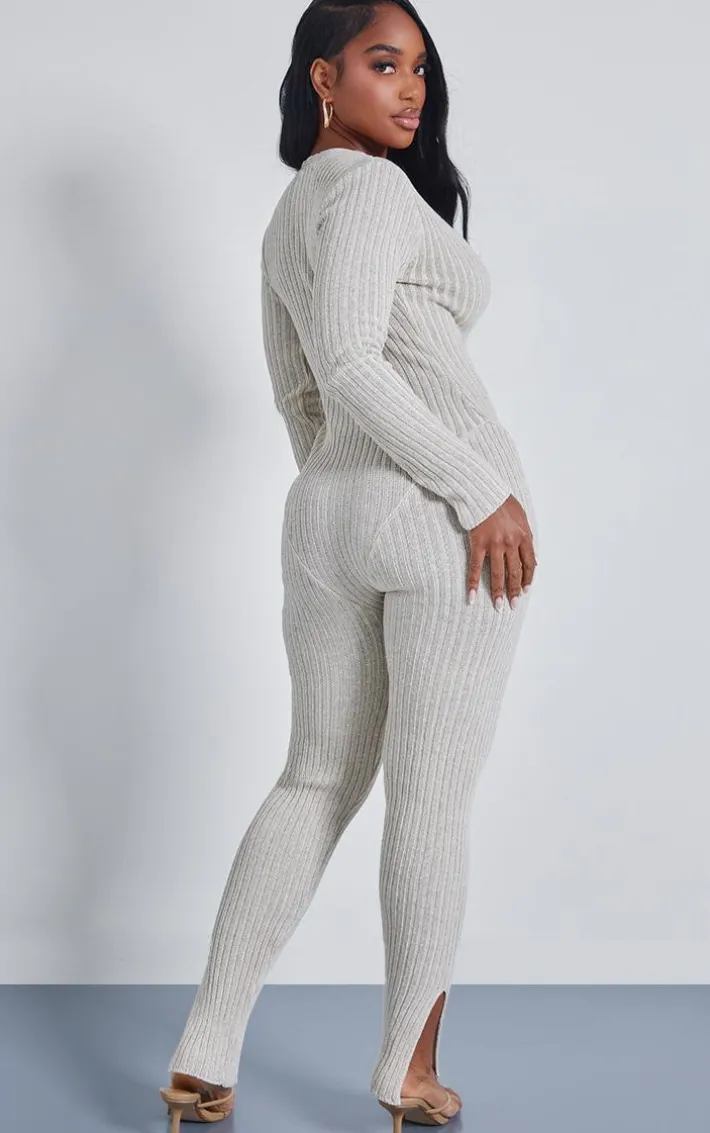 Shape Oatmeal Contrast Rib Knit Long Sleeve Plunge Jumpsuit