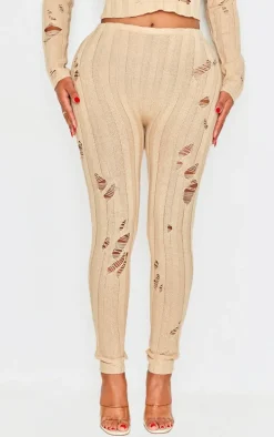 Shape Oatmeal Distress Ribbed Knitted Pants