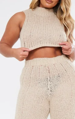 Shape Oatmeal Knit High Neck Longline Sleeveless Top