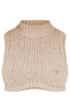 Shape Oatmeal Knit High Neck Longline Sleeveless Top
