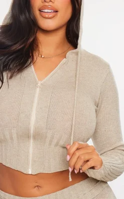 Shape Oatmeal Knit Hooded Zip Front Sweater