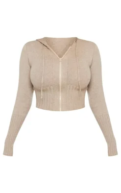 Shape Oatmeal Knit Hooded Zip Front Sweater