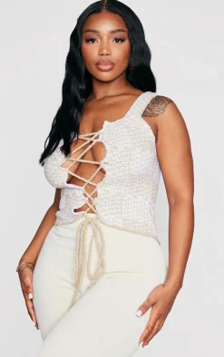 Shape Oatmeal Knit Lace Up Front Top