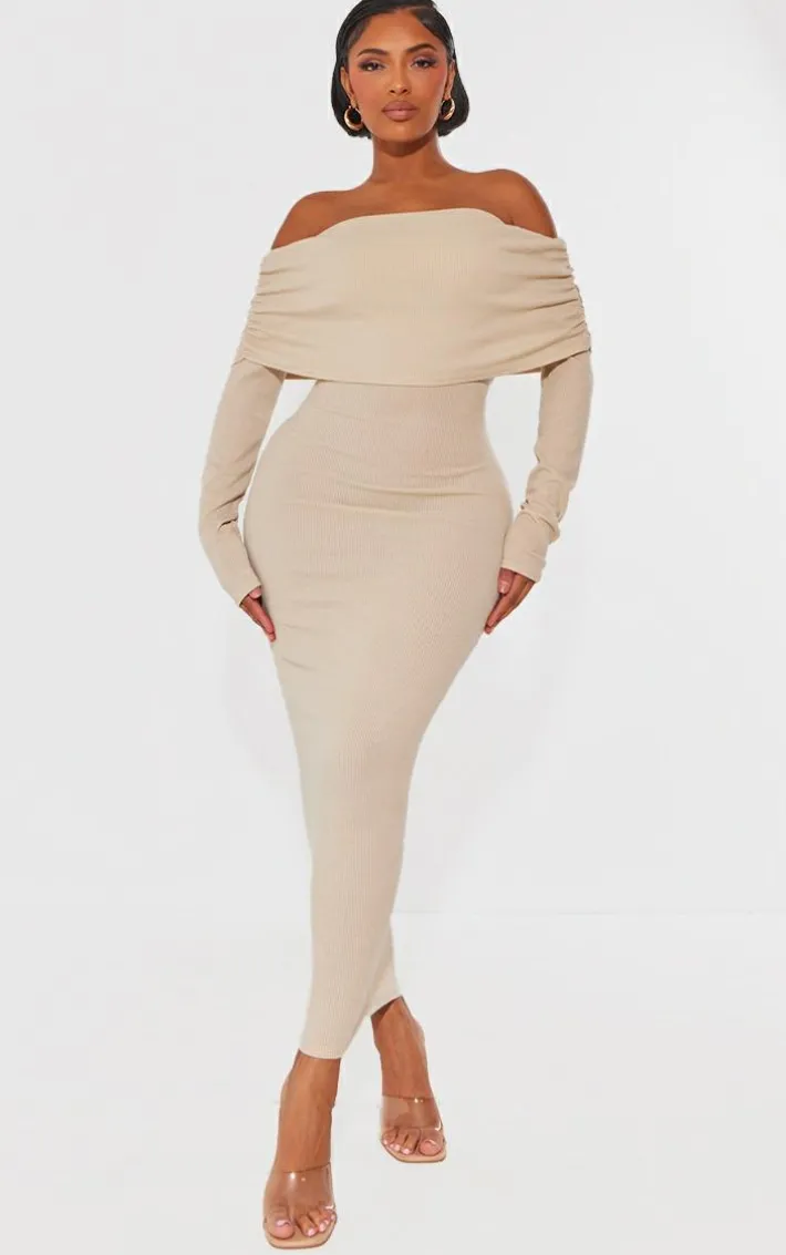 Shape Oatmeal Rib Bardot Long Sleeve Maxi Dress