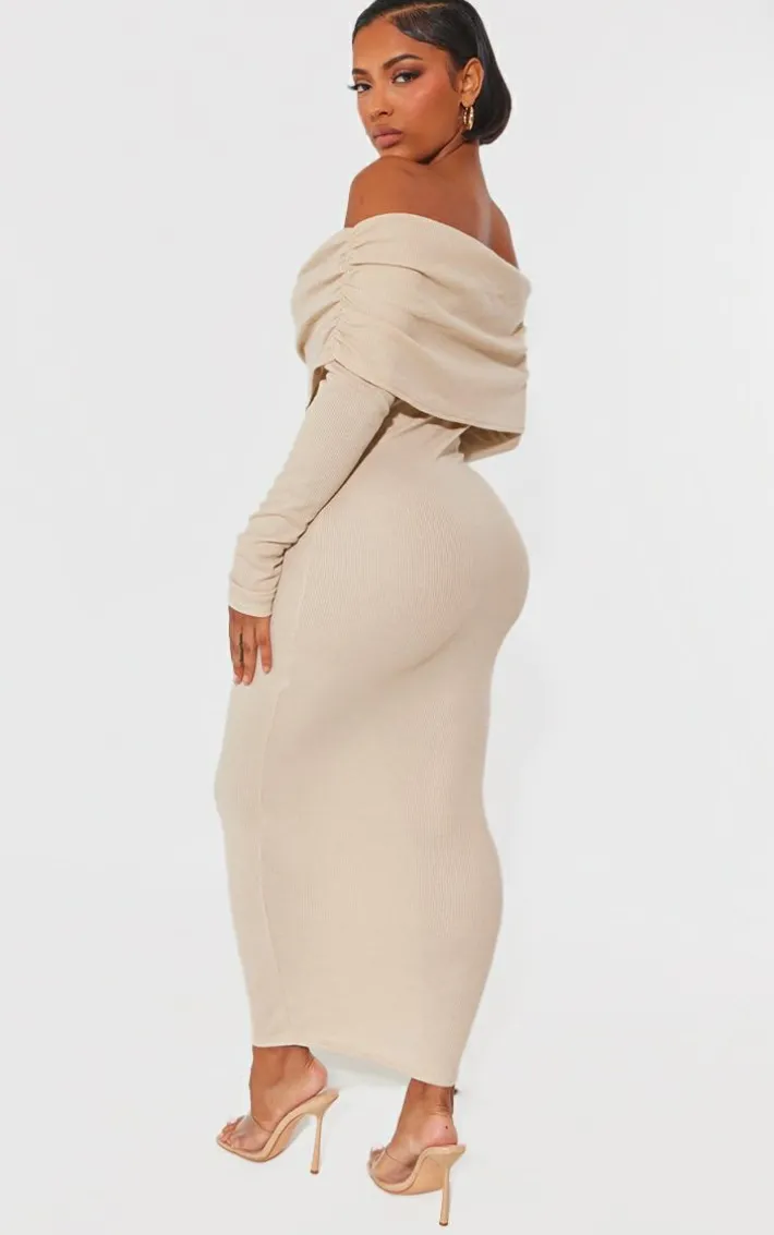 Shape Oatmeal Rib Bardot Long Sleeve Maxi Dress