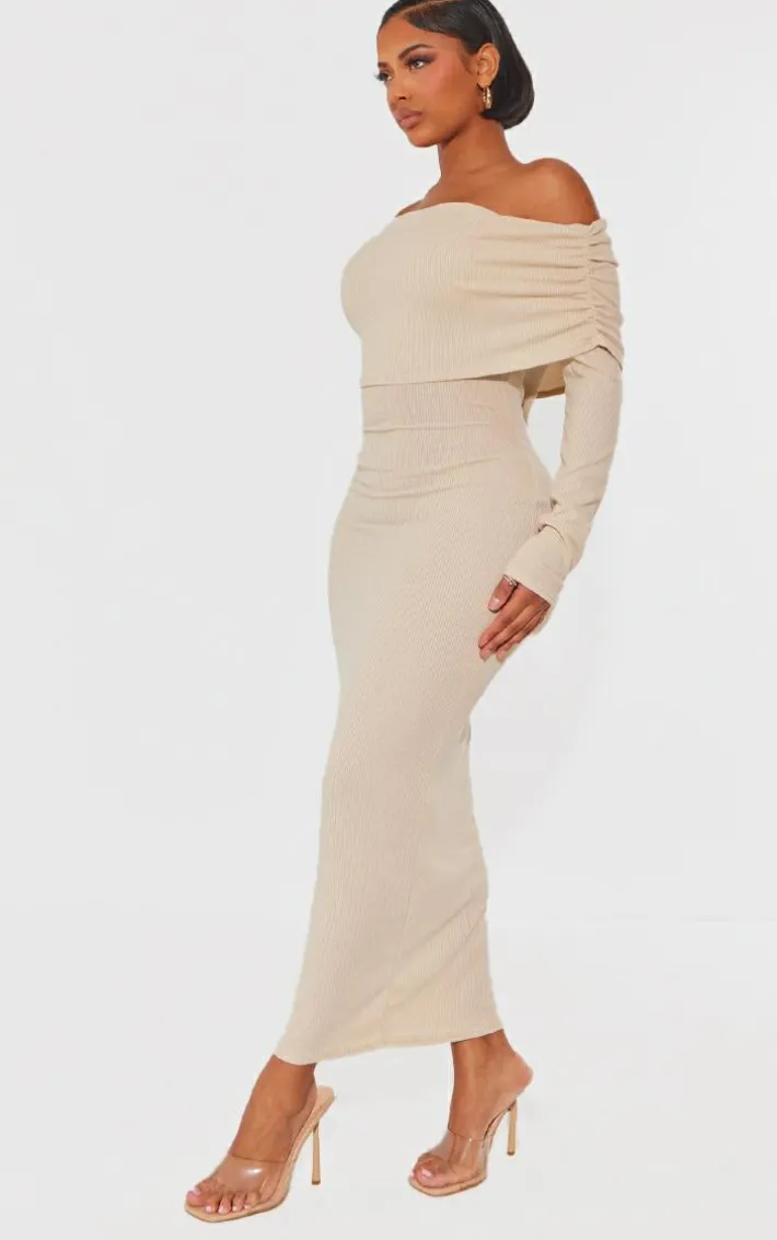 Shape Oatmeal Rib Bardot Long Sleeve Maxi Dress
