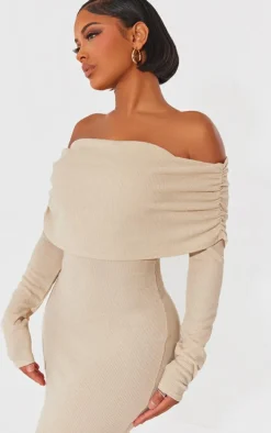 Shape Oatmeal Rib Bardot Long Sleeve Maxi Dress