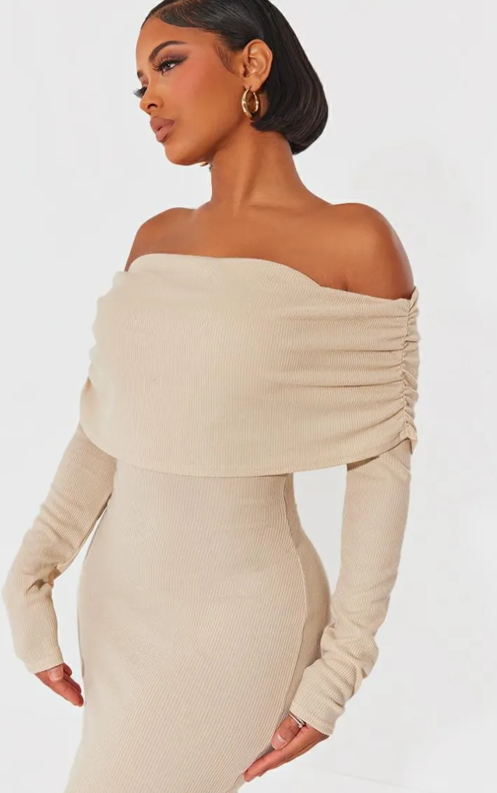 Shape Oatmeal Rib Bardot Long Sleeve Maxi Dress