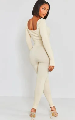 Shape Oatmeal Snatched Rib Square Neck Thumb Hole Jumpsuit