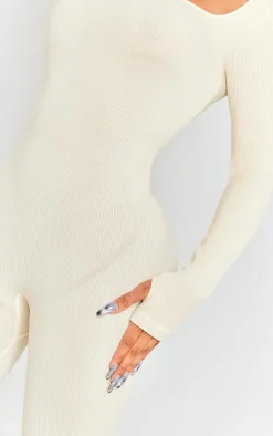 Shape Oatmeal Snatched Rib Square Neck Thumb Hole Jumpsuit