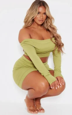 Shape Olive Bardot Seam Detail Foldover Crop Top