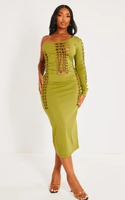 Shape Olive Cotton Cut Out Long Sleeve Midaxi Dress