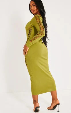 Shape Olive Cotton Cut Out Long Sleeve Midaxi Dress