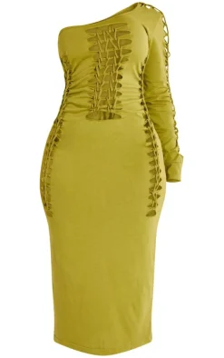 Shape Olive Cotton Cut Out Long Sleeve Midaxi Dress